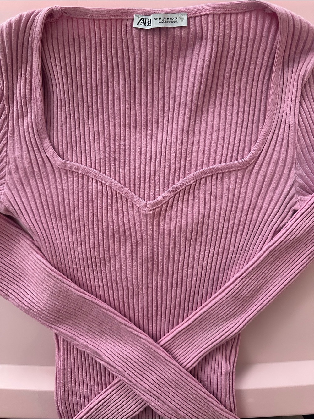 Zara Mauve-Pink Ribbed V-Neck Slim Knit Top
